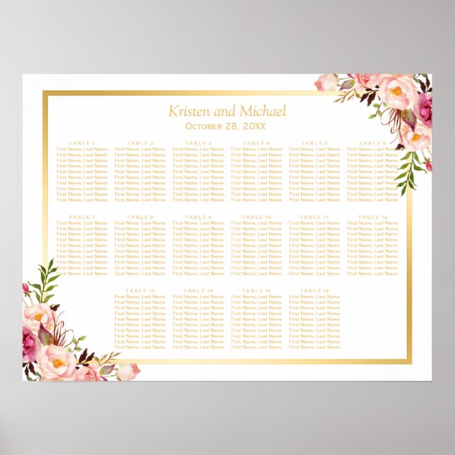 16 Tische Gold Chic Blues Hochzeitsdiagramm Poster (Vorne)