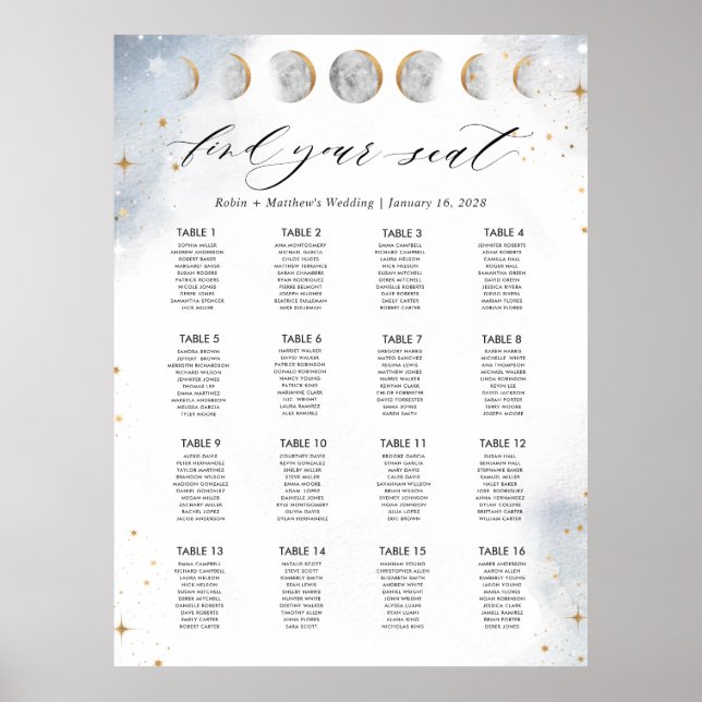 16 Tische oder weniger, Himmels-Sitzplan-Schild Poster (Vorne)