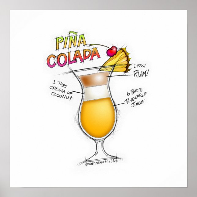 16" x 16" POSTER - PINA COLADA RECIPE COCKTAIL ART (Vorne)