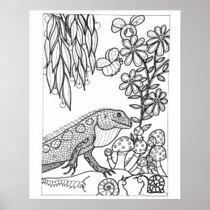 16"x 20" Eidechse mit Blumen zum Ausmalen Poster