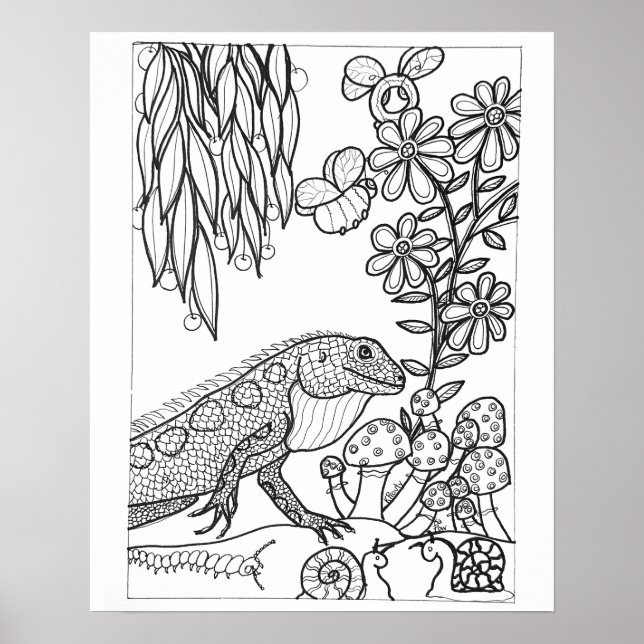16"x 20" Eidechse mit Blumen zum Ausmalen Poster (Vorne)