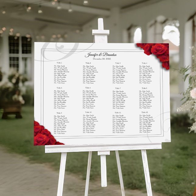 16 x 20 Roses rouges Tableau de siège (12 Table Elegant Red Roses Seating Chart)