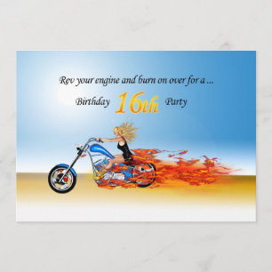 16e anniversaire Flaming Moto party invitation