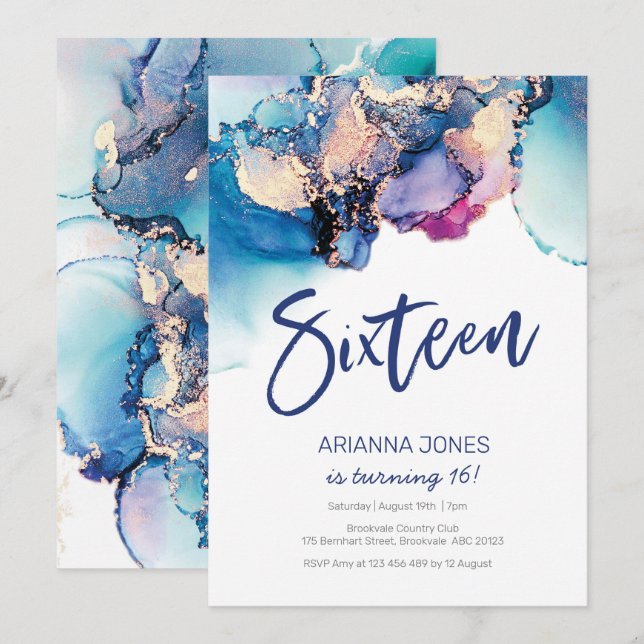 16e anniversaire Invitation Aquarelle Abstraite bl (Devant / Derrière)