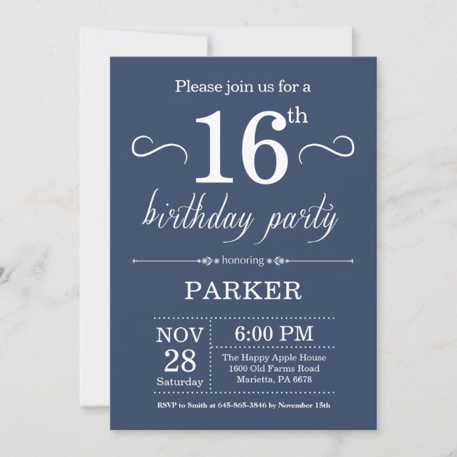 16e anniversaire Invitation Blue (Devant)