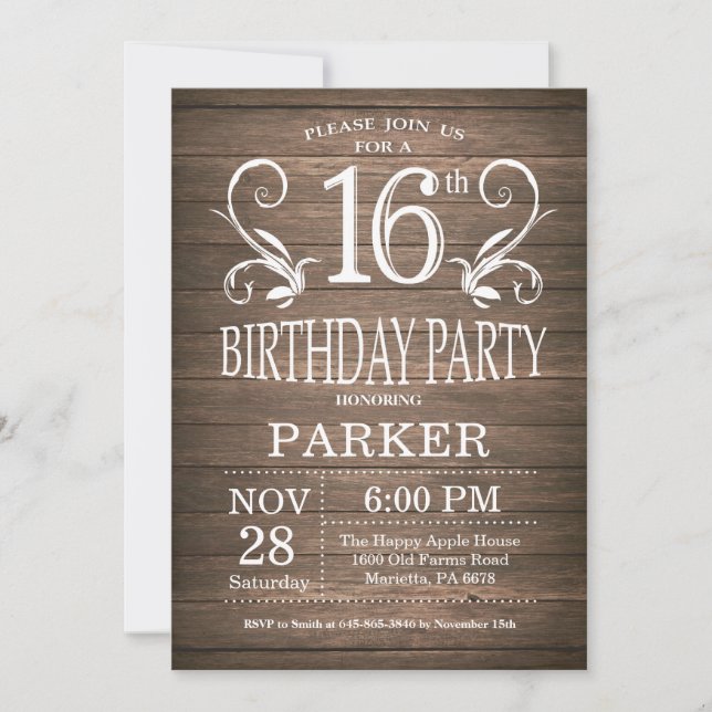 16e anniversaire Invitation Bois rustique Floral (Devant)