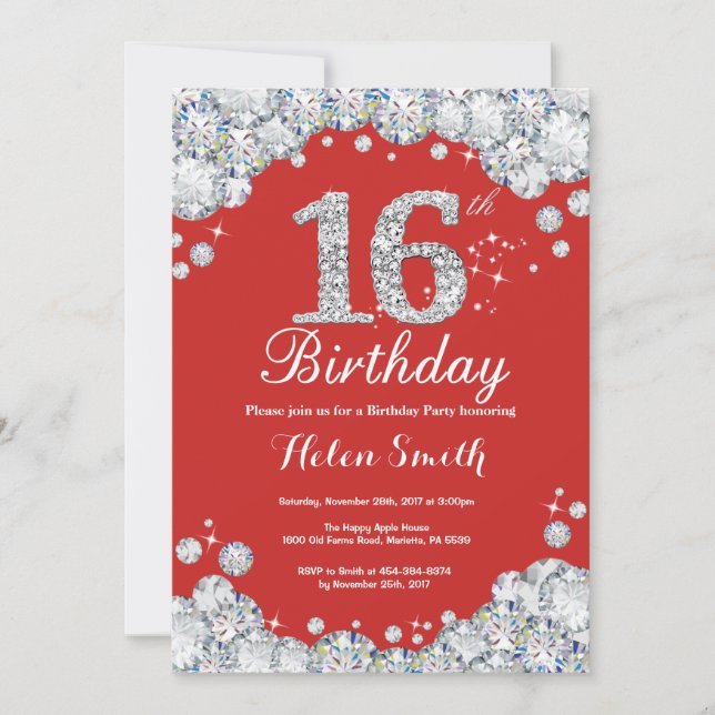 16e anniversaire Invitation Diamant rouge et argen (Devant)