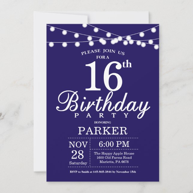 16e anniversaire Invitation Marine Bleu (Devant)
