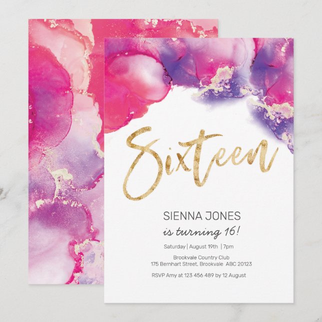 16e anniversaire Invitation rose Abstraite Aquarel (Devant / Derrière)