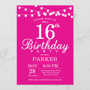 16e anniversaire Invitation rose chaud