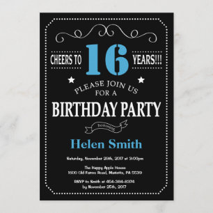 16e anniversaire Invitation Tableau noir et bleu