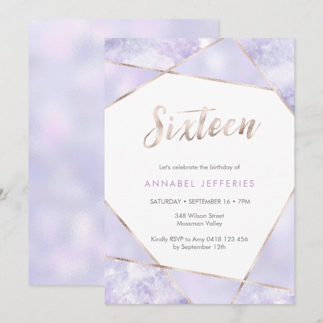 16e anniversaire Invitation violet et or (Devant / Derrière)