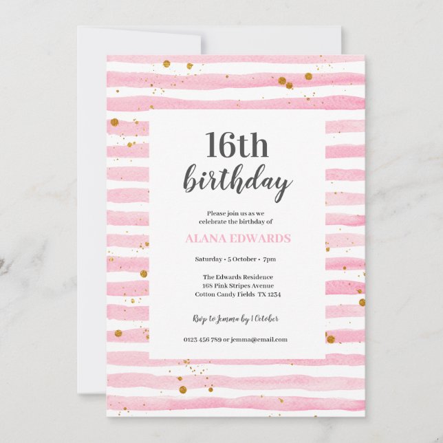 16e anniversaire Pink Stripe Party Invitation (Devant)