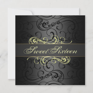 16e Invitation à l'anniversaire Gold & Black Swirl