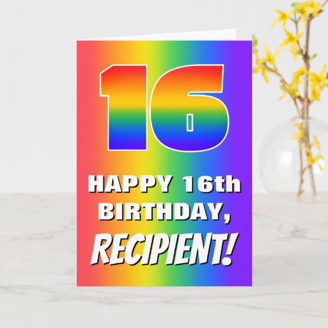 16th Birthday: Colorful, Fun Rainbow Pattern # 16 Karte (Gelbe Blume)