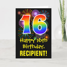 16th Birthday: Fun Fireworks Pattern + Rainbow 16 Karte