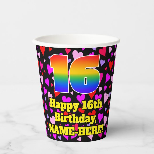 16th Birthday: Loving Hearts Pattern, Rainbow 16 Pappbecher (Vorderseite)