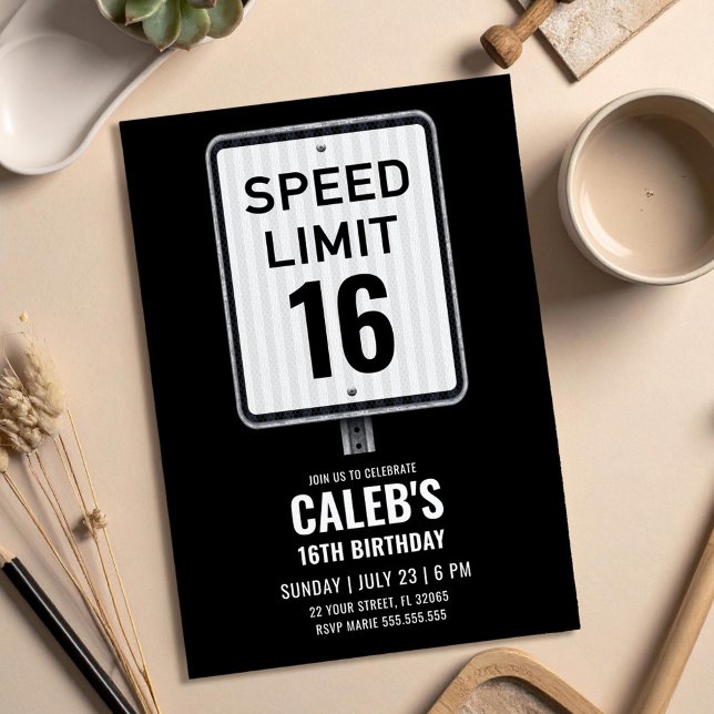 16th Birthday Speed Limit Black and White Sign Einladung (Von Creator hochgeladen)