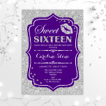 16th Birthday - Sweet Sixteen Purple Silver Einladung<br><div class="desc">Sweet Sixteen Birthday Invitation.
Elegant purple white design with faux glitter silver. Features lips kiss,  confetti and script font. Perfect for a stylish 16th birthday party. Message me if you need further customization.</div>