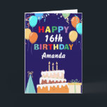 16th Happy Birthday Balloons Cake Navy Blue Karte<br><div class="desc">16th Happy Birthday Colorful Balloons Cake Navy Blue with personalized name. For further customization,  please click the "Customize it" button and use our design tool to modify this template.</div>