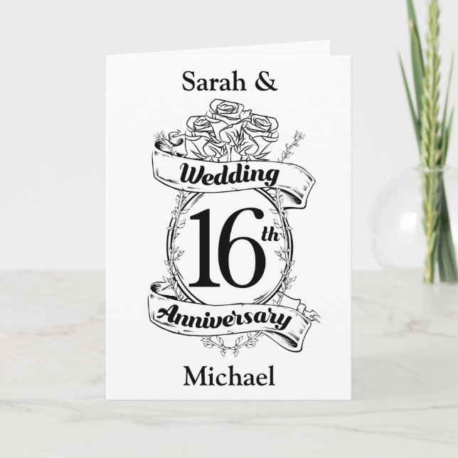 16th Wedding Anniversary Black and White Roses Karte (Vorderseite)