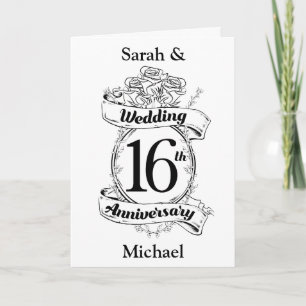 16th Wedding Anniversary Black and White Roses Karte