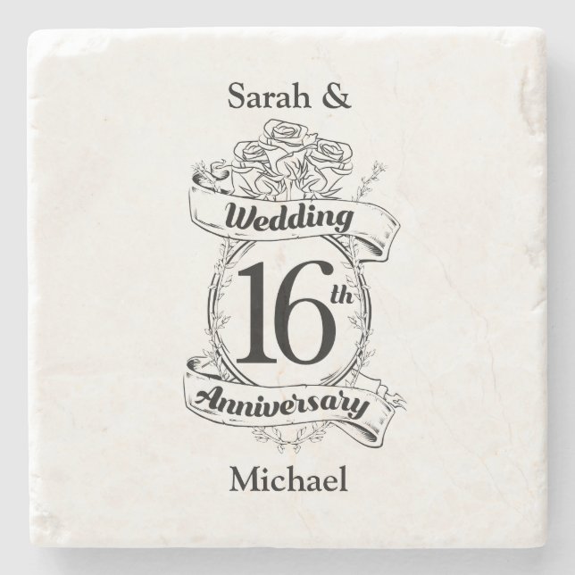 16th Wedding Anniversary Black and White Roses Steinuntersetzer (Vorderseite)