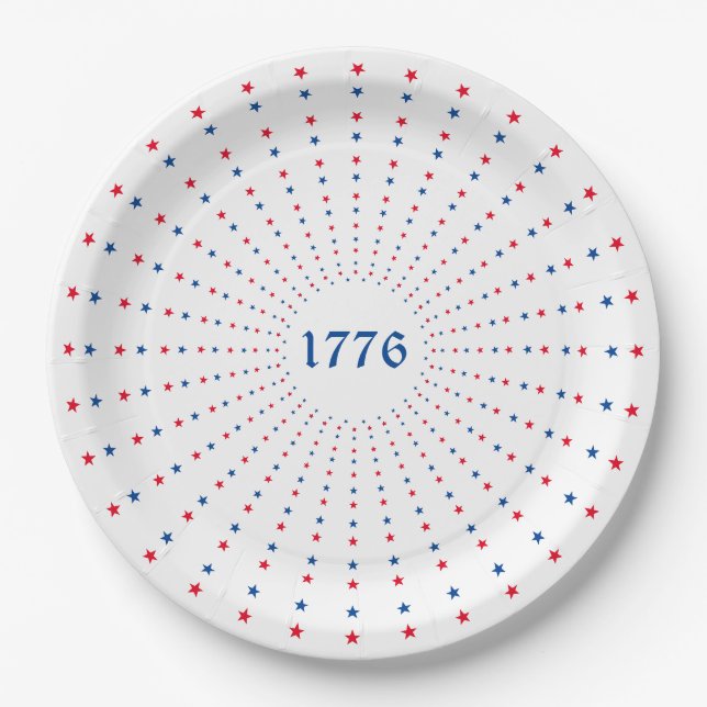 1776 Schwarz-Weiß-Sterne Feuerwerk patriotisch Pappteller (Vorderseite)