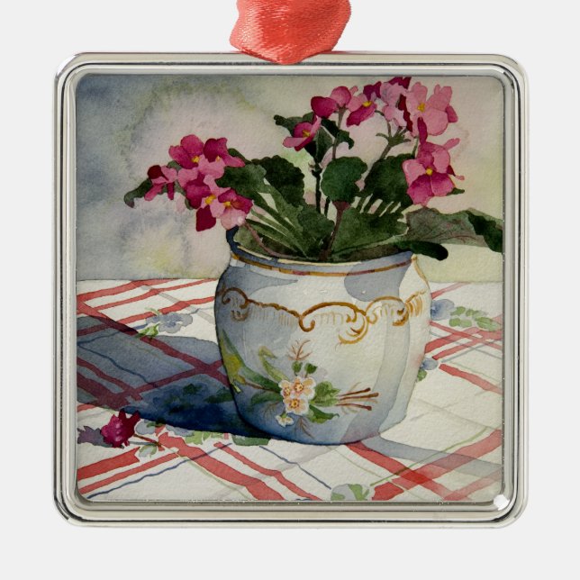1790 afrikanische Violetten in Blue Pot Ornament Aus Metall (Vorne)