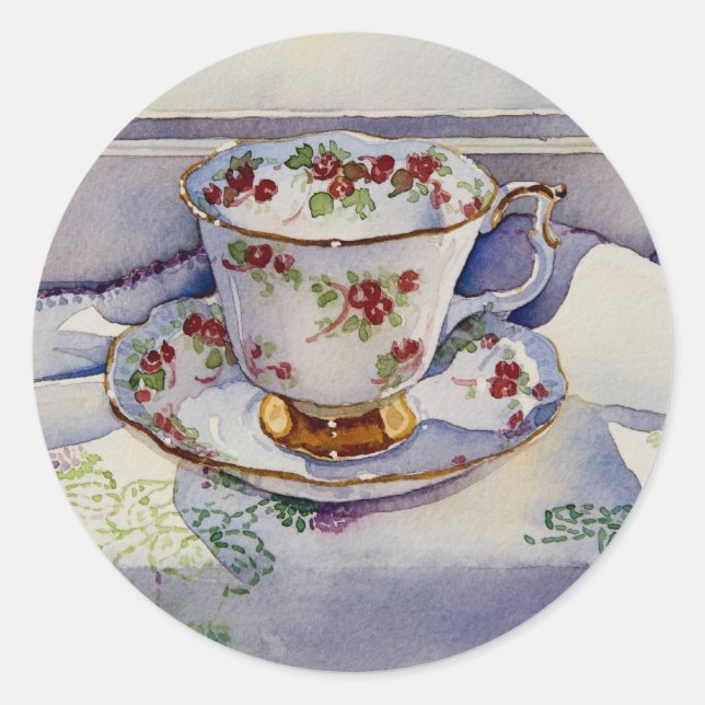 1799 Teacup auf Linen Runder Aufkleber (Vorderseite)