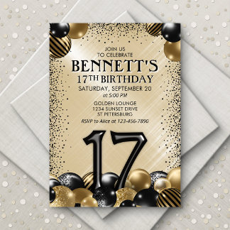 17. Balloons Black Gold Geburtstag Einladung