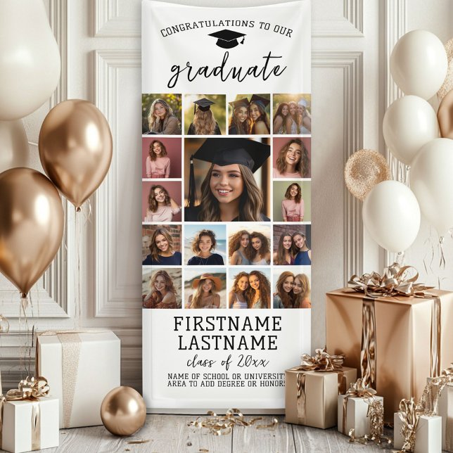 17 Foto Collage Abschluss Moderner Minimal Weiß Banner (Custom Graduation Banner)