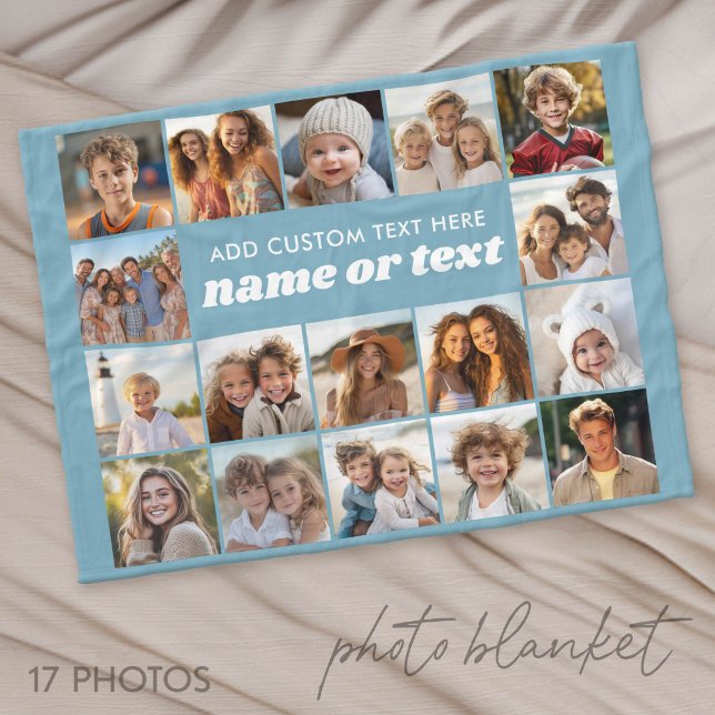 17 Foto-Collage - Blau mit Textblock in der Mitte Fleecedecke (Photo Blanket - Personalize with Your Photos)
