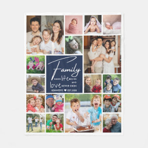 17 Foto Collage Familienname Zitat blau und weiß Fleecedecke