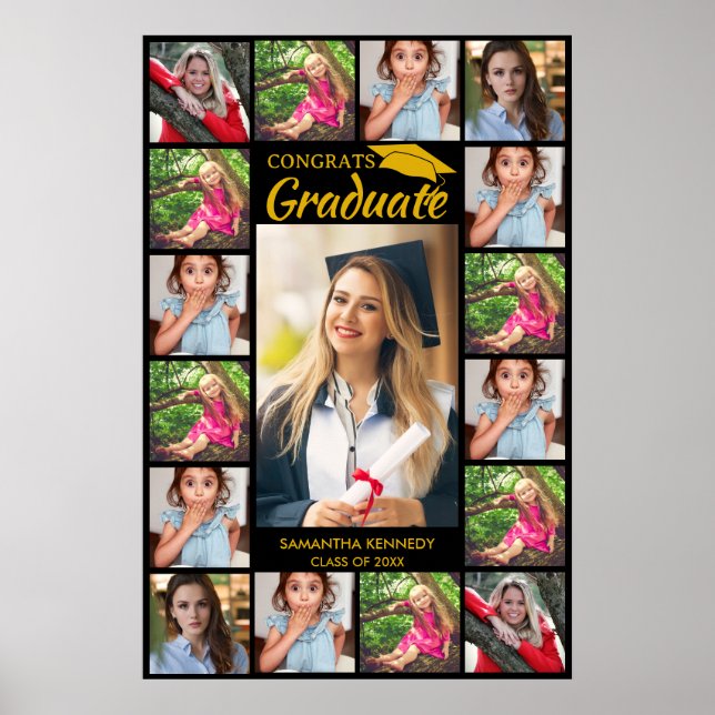 17 Foto Collage Glückwunschs Grad Schwarz und Gold Poster (Vorne)