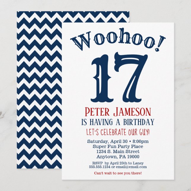 17. Geburtstag Einladung Teen Boy Navy Blue (Vorne/Hinten)