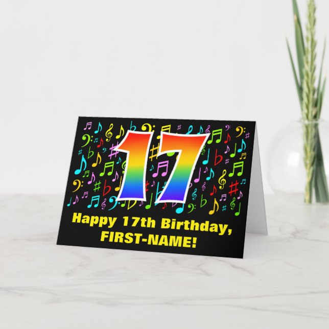17. Geburtstag: Farbige Musiksymbole & Regenbogen  Karte (Vorderseite)