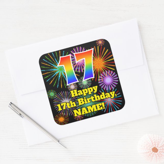 17. Geburtstag: Fun Fireworks Look, Rainbow # 17 Quadratischer Aufkleber (Umschlag)