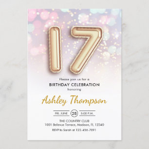 17. Geburtstag - Goldene Balloons Rosa Lichter Einladung