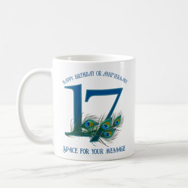 17. Geburtstag oder Jubiläum Pfauenfeder Kaffeetasse (Links)