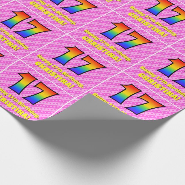 17. Geburtstag: Rosa Streifen & Herz, Regenbogen # Geschenkpapier (Ecke)