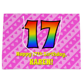 17. Geburtstag: Rosa Streifen & Herz, Regenbogen # Große Geschenktüte