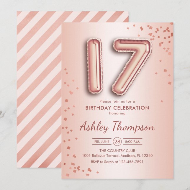 17. Geburtstag - Rose Goldballons Einladung (Vorne/Hinten)