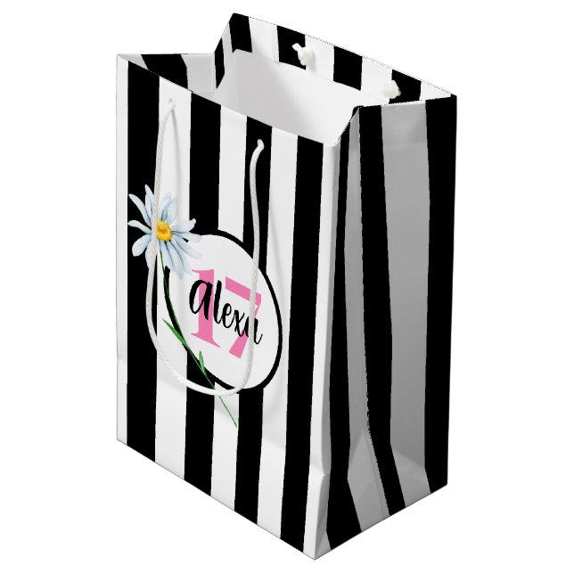 17. Geburtstag schwarz-weiße Streifen Mittlere Geschenktüte (Vorderseite Schrägansicht)