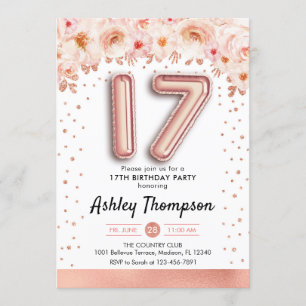 17. Geburtstags-Party - Rosen-Goldballone Einladung