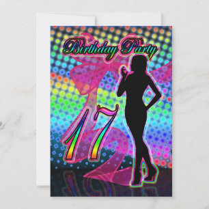 17. Geburtstagsparty Einladung, Neon mit Weibchen Einladung