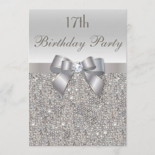 17. Geburtstagsparty Silver Sequins, Bow & Diamond Einladung