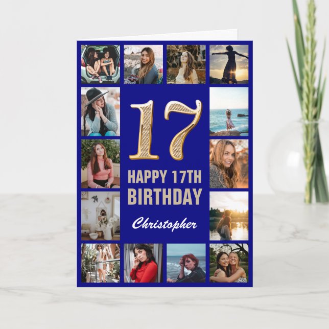 17. Happy Birthday Navy Blue & Gold Foto Collage Karte (Vorderseite)