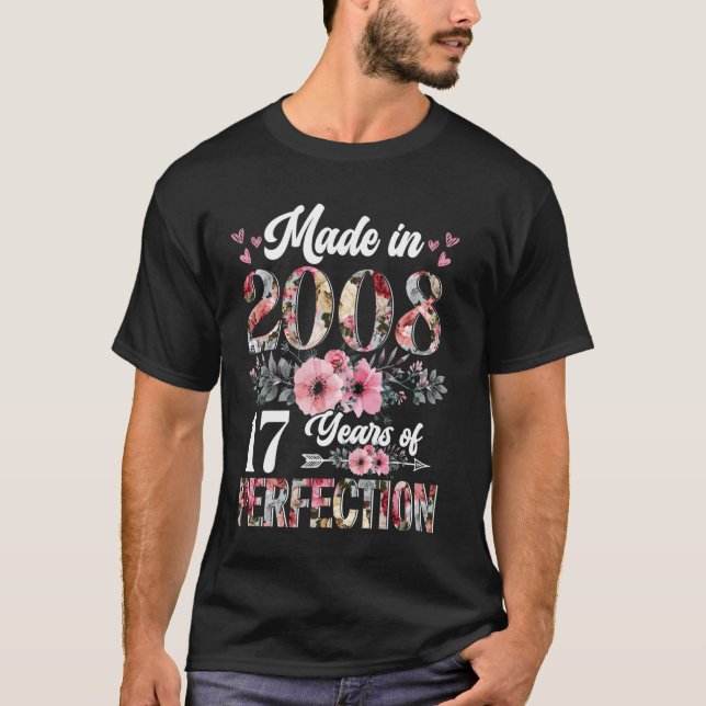 17 Jahre alt Geboren im Jahr 2008 florale 17. Gebu T-Shirt (Vorderseite)