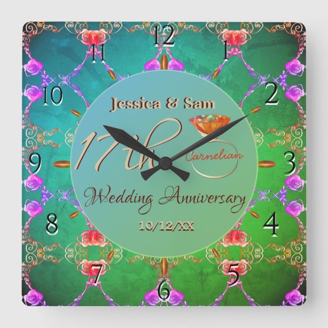 17. Karnelscher Hochzeitstag Quadratische Wanduhr (Vorderseite)